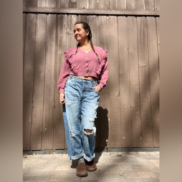 Saylor Cropped Fringe Cardigan Rose Pink Boho Button Front Size M - Picture 2 of 13